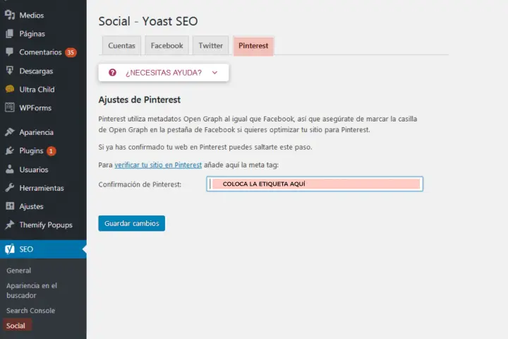 Yoast - Pinterest - confirmación de pinterest
